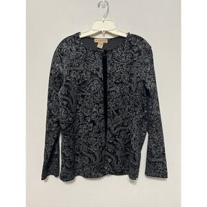 Women's Notations Black Velvet Silver Glitter Design Dressy Blouse Top Large